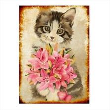 Cakasepetim Ahşap Tablo  Pembe Çiçek Ve Kedi
