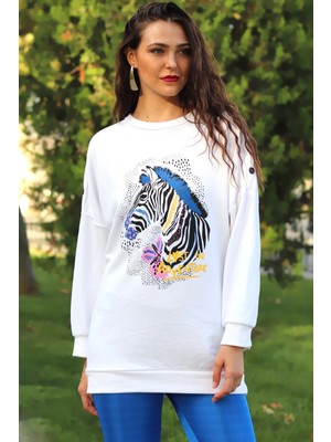 Modamoss Zebra Baskı Yarasa Kol Sweat Beyaz 0299