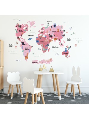 Tilki Dünyası Eğitici Pembe Renkli Dünya Atlası Haritası Çocuk ve Bebek Odası Duvar Sticker