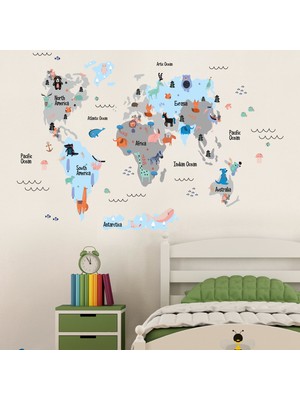 Tilki Dünyası Eğitici Koyu Gri, Açık Mavi Dünya Haritası , Dünya Atlası Çocuk ve Bebek Duvar Sticker
