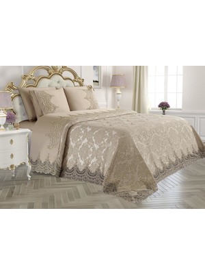 Çeyiz Diyarı Fransız Güpürlü Çeyizlik Pike Takımı Arus Bej 240x260 cm 2 Yastık ve 2 Kırlent ile