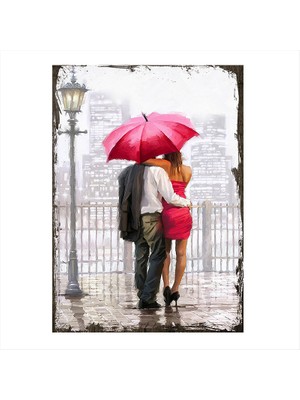Cakasepetim Ahşap Tablo Yağmurdaki Şemsiyeli Sevgili