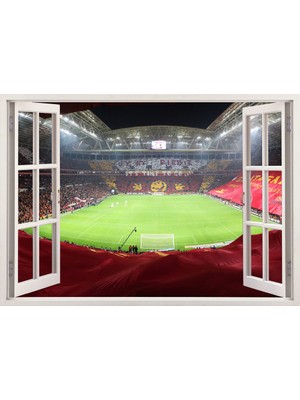 Tilki Dünyası Pencereden İstanbul Sarı Kırmızı Stadyum, Duvar Sticker, 3 Boyutlu Beyaz Pencere Sticker