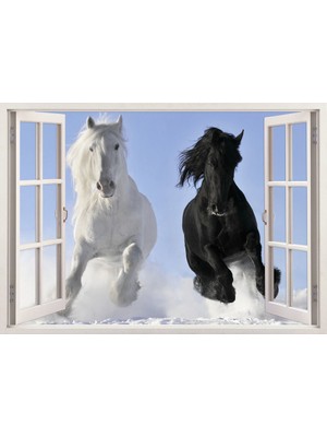 Tilki Dünyası Pencereden Karda Koşan Atlar, Duvar Sticker, 3 Boyutlu Beyaz Pencere Sticker