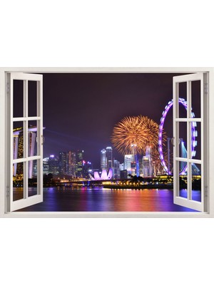Tilki Dünyası Pencereden Gece ve Şehir Manzarası, Duvar Sticker, 3 Boyutlu Beyaz Pencere Sticker