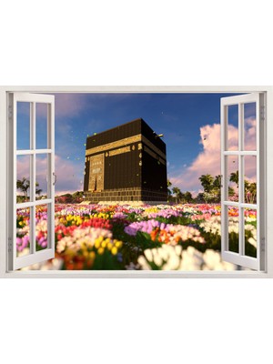 Tilki Dünyası Pencereden Kabe, İslami, Duvar Sticker, 3 Boyutlu Beyaz Pencere Sticker