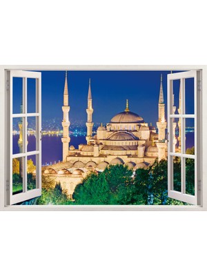 Tilki Dünyası Pencereden İstanbul Sultan Ahmet Camii, Duvar Sticker, 3 Boyutlu Beyaz Pencere Sticker