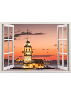 Tilki Dünyası Pencereden Kız Kulesi ve İstanbul, Duvar Sticker, 3 Boyutlu Beyaz Pencere Sticker