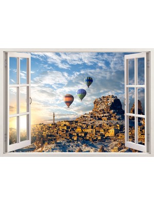 Tilki Dünyası Pencereden Kapadokya Duvar Sticker, 3 Boyutlu Beyaz Pencere Sticker