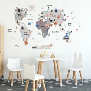 Tilki Dünyası Eğitici Gri - Koyu Gri Renkli Dünya Atlası Haritası Çocuk ve Bebek Odası Duvar Sticker