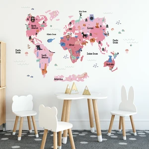 Tilki Dünyası Eğitici Pembe Renkli Dünya Atlası Haritası Çocuk ve Bebek Odası Duvar Sticker