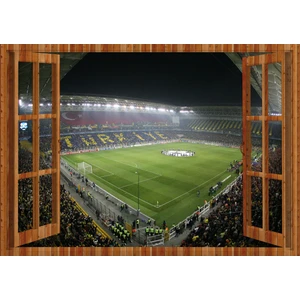 Tilki Dünyası Pencereden İstanbul Sarı Lacivert Stadyum, Duvar Sticker, 3 Boyutlu Ahşap Pencere Sticker