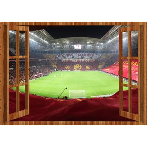 Tilki Dünyası Pencereden İstanbul Sarı Kırmızı Stadyum, Duvar Sticker, 3 Boyutlu Ahşap Pencere Sticker