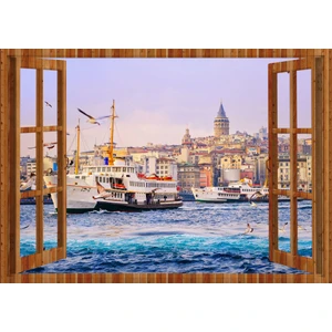 Tilki Dünyası Pencereden İstanbul, Martılar, Galata Kulesi ve Vapur, Duvar Sticker, 3 Boyutlu Ahşap Pencere Sticker