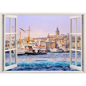 Tilki Dünyası Pencereden İstanbul, Martılar, Galata Kulesi ve Vapur, Duvar Sticker, 3 Boyutlu Beyaz Pencere Sticker