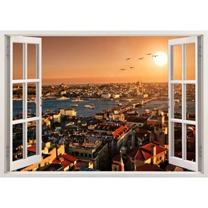 Tilki Dünyası Pencereden Galata Kulesinden İstanbul ve Eminönü, Duvar Sticker, 3 Boyutlu Beyaz Pencere Sticker