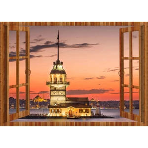 Tilki Dünyası Pencereden Kız Kulesi ve İstanbul, Duvar Sticker, 3 Boyutlu Ahşap Pencere Sticker