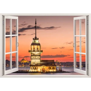 Tilki Dünyası Pencereden Kız Kulesi ve İstanbul, Duvar Sticker, 3 Boyutlu Beyaz Pencere Sticker