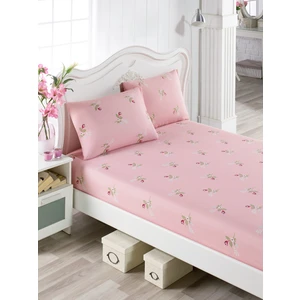 Eponj Home Lastikli Çarşaf Seti 160x200 cm %65 Pamuk %35 Polycotton Pembe Çiçek Desenli Yumuşak Kumaş Yastık Kılıflı