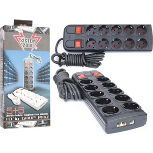 Sistem 2000 Siyah 5+5 10Lu 2 Metre Kablolu Anahtarlı Grup Priz