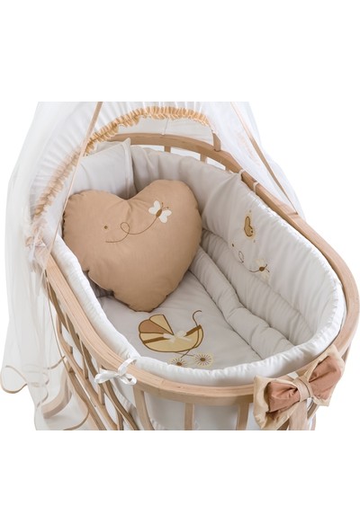 Heyner Ahşap Organik Anne Yanı Beşik Lüx Sepet Beşik - Bebek Odası Mini Bebek Beşiği - Krem Uyku Setli & Soft Yataklı