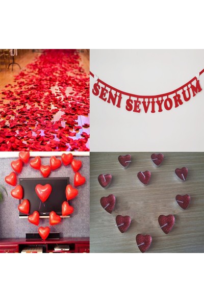 Parti Dolabı Evlilik Yıl Dönümü 500 Gül Yaprağı Kalp Balon+Mum +Yıldönümü Yazı