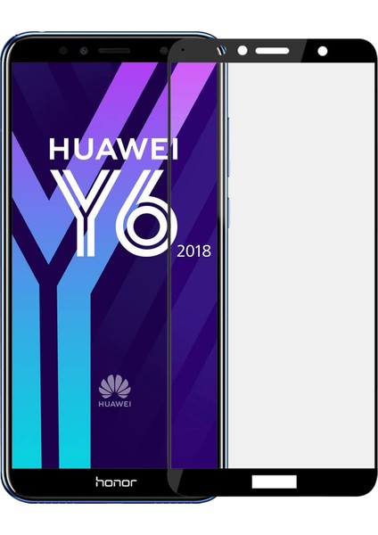 Huawei Y6 2018 Tam Kaplayan Temperli Cam Ekran Koruyucu Film Siyah