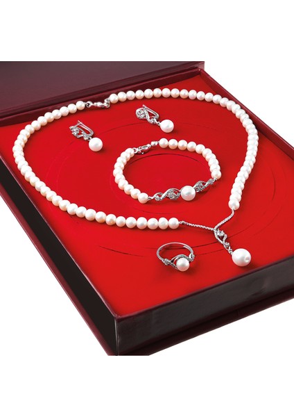 İnci Gümüş Kolye Küpe Bileklik Yüzük Takım, Set Ds41