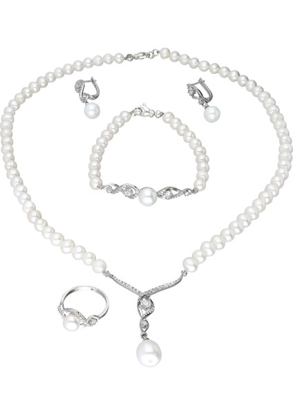 İnci Gümüş Kolye Küpe Bileklik Yüzük Takım, Set Ds41