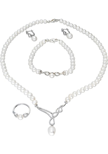 İnci Gümüş Kolye Küpe Bileklik Yüzük Takım, Set Ds42