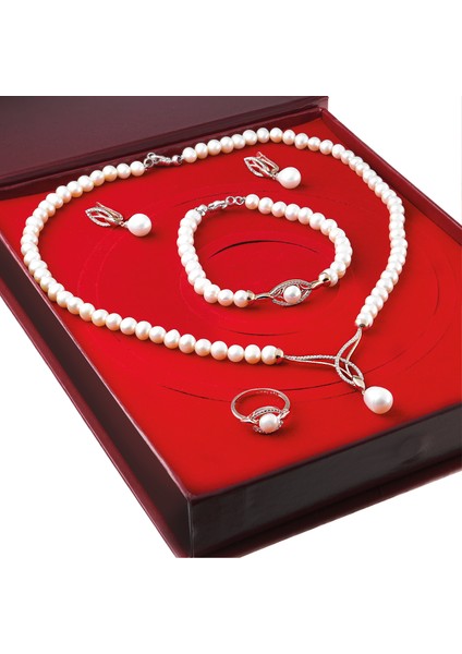 İnci Rose Gümüş Kolye Küpe Bileklik Yüzük Takım, Set Ds45