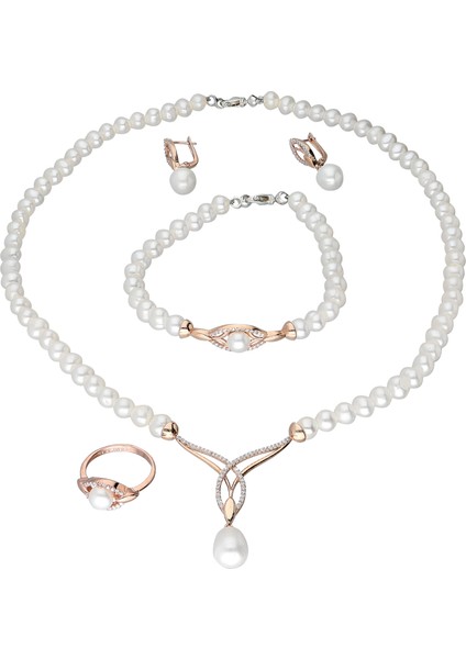 İnci Rose Gümüş Kolye Küpe Bileklik Yüzük Takım, Set Ds45