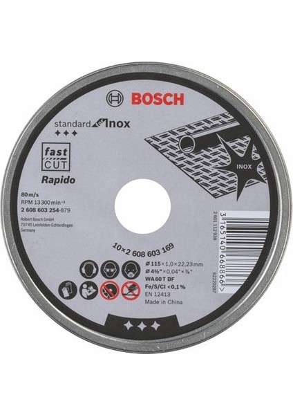 - Standard Seri Inox (Paslanmaz Çelik) İçin Düz Kesme Diski (Taş) – Rapido - Wa 60 T Bf, 115 Mm, 22,23 Mm, 1,0 Mm