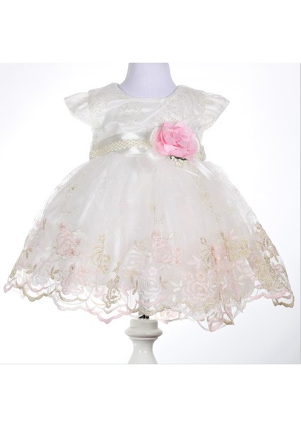 Kız Bebek Simli Pembe Gül Detaylı Elbise
