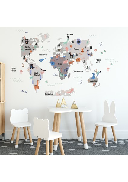 Eğitici Gri - Koyu Gri Renkli Dünya Atlası Haritası Çocuk ve Bebek Odası Duvar Sticker
