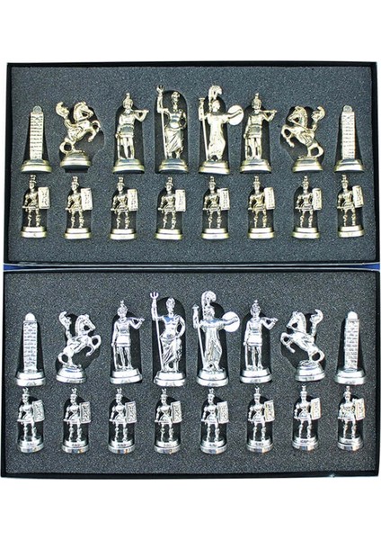 Gifthome Metal Satranç Takımı / Seti ; Orta , Yunan Figürlü, Parlak Satranç Taşı ve MDF, Sedef Desenli Satranç Tahtası