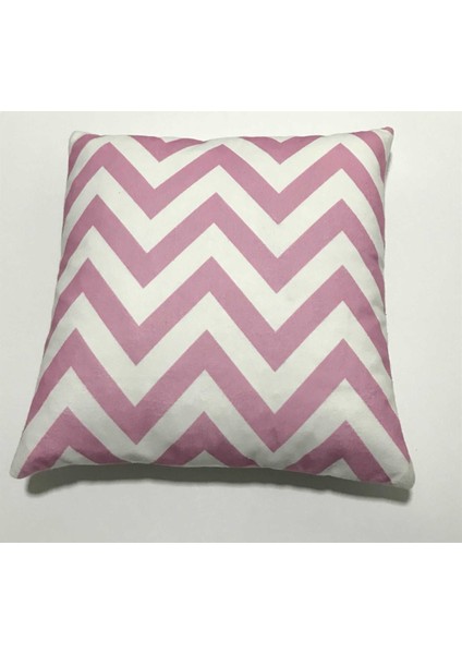 Dekoratif Baskılı Kırlent Kılıfı-Pembe Beyaz Zigzag Desenli