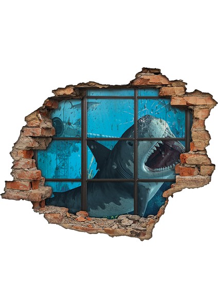 Köpek Balığı, Gemi Ve Kırık Cam 3D Görünümlü Duvar Sticker