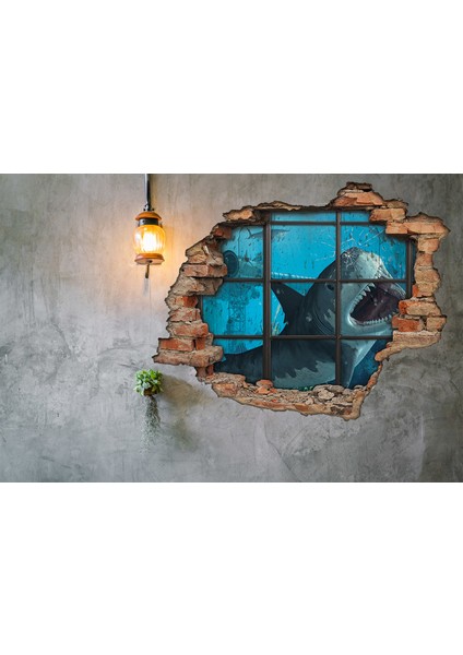 Köpek Balığı, Gemi Ve Kırık Cam 3D Görünümlü Duvar Sticker fiyatları