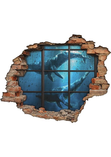 Balina, Deniz, Tuğla Ve Kırık Cam 3D Görünümlü Duvar Sticker