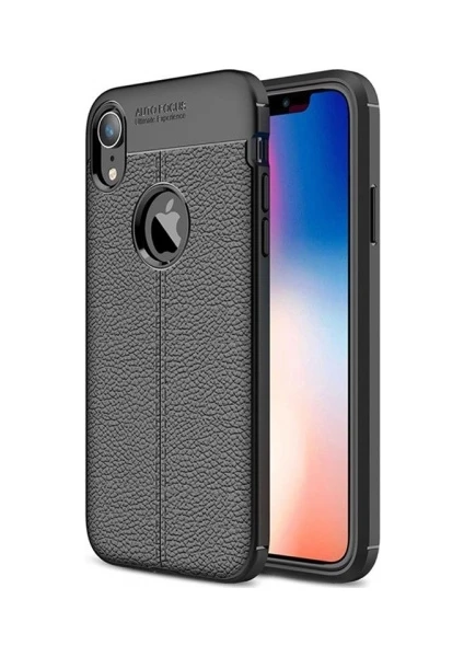 Case 4U Apple iPhone XR Kılıf Rugan Armor Deri Görünümlü Yüksek Kalite Silikon Niss Kılıf - Siyah