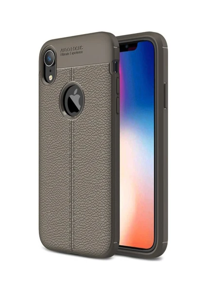 Case 4U Apple iPhone XR Kılıf Rugan Armor Deri Görünümlü Yüksek Kalite Silikon Niss Kılıf - Gri