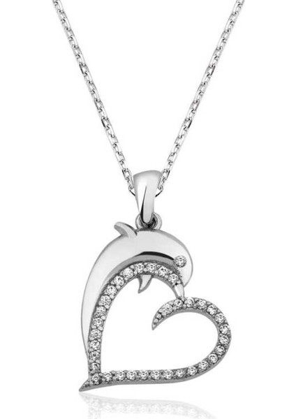 Gümüş Kalpli Yunus Balığı Bayan Kolye