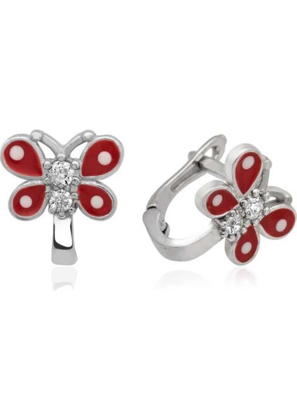 Gümüş Kırmızı Kelebek Çocuk Küpesi