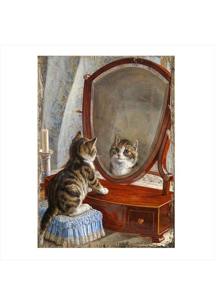 Ahşap Tablo aynaya bakan kedi