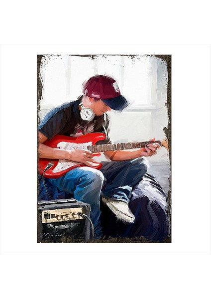 Ahşap Tablo Elektro gitar çalan çocuk