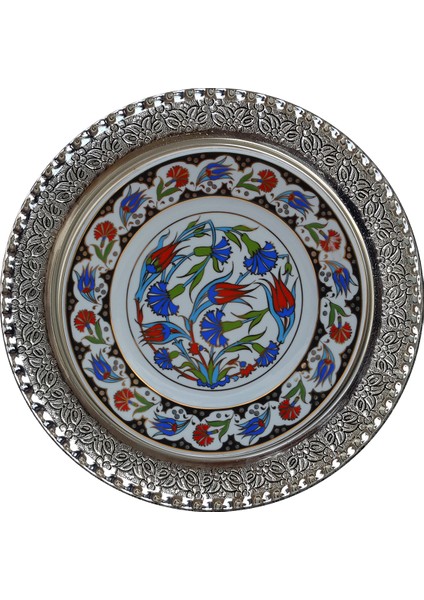 PRT 32 25 Cm Siyah Altın Yaldızlı Lale karanfil Çini Desenli Gümüş Çerçeveli Porselen Tabak