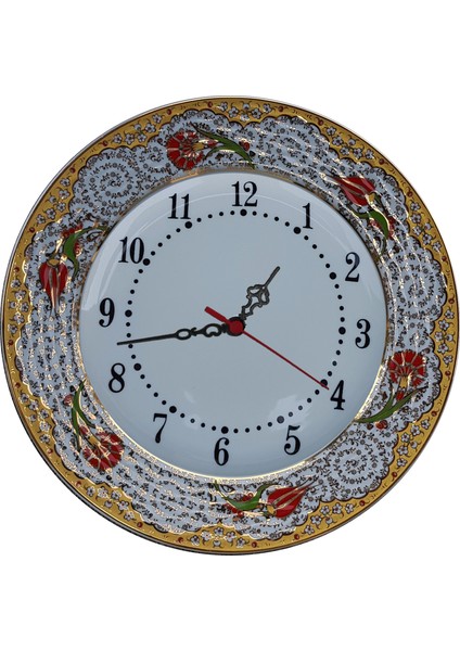 PRT 70 25 Cm Kırmızı Sarı Yaldızlı Lale karanfil Desenli Porselen Çini saat