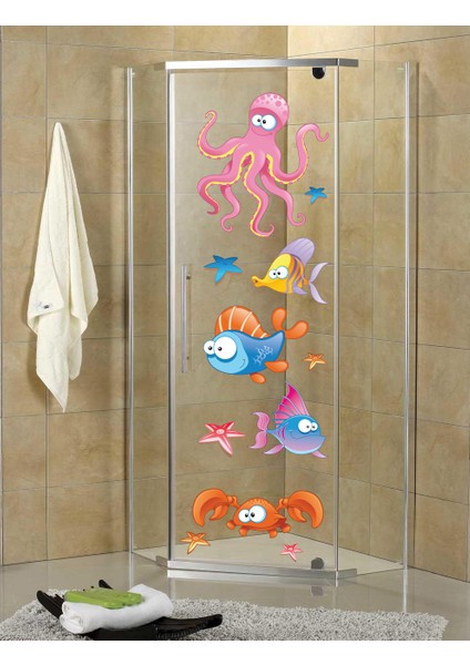 Renkli Balıklar ve Ahtapot Duşakabin Banyo Sticker modelleri