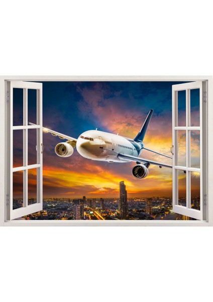 Pencereden Şehir Manzarası ve Uçak, Duvar Sticker, 3 Boyutlu Beyaz Pencere Sticker
